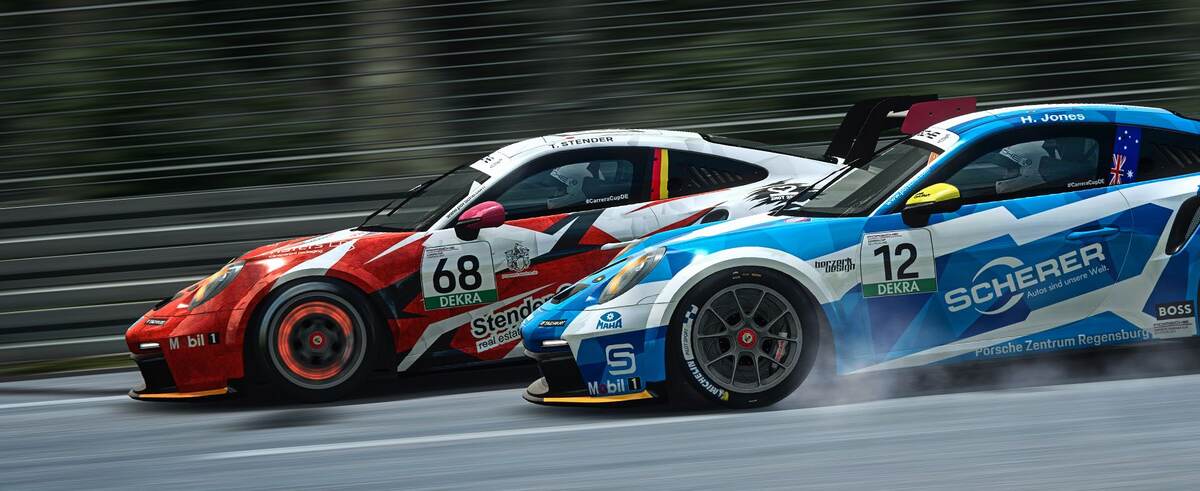 RaceRoom GT3 cars racing side by side