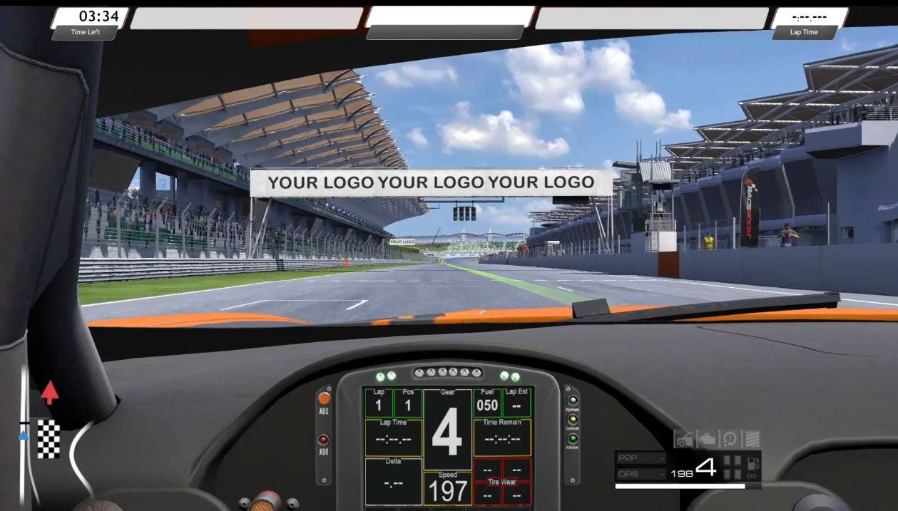In-car view of a RaceRoom EVO race with branded track banners